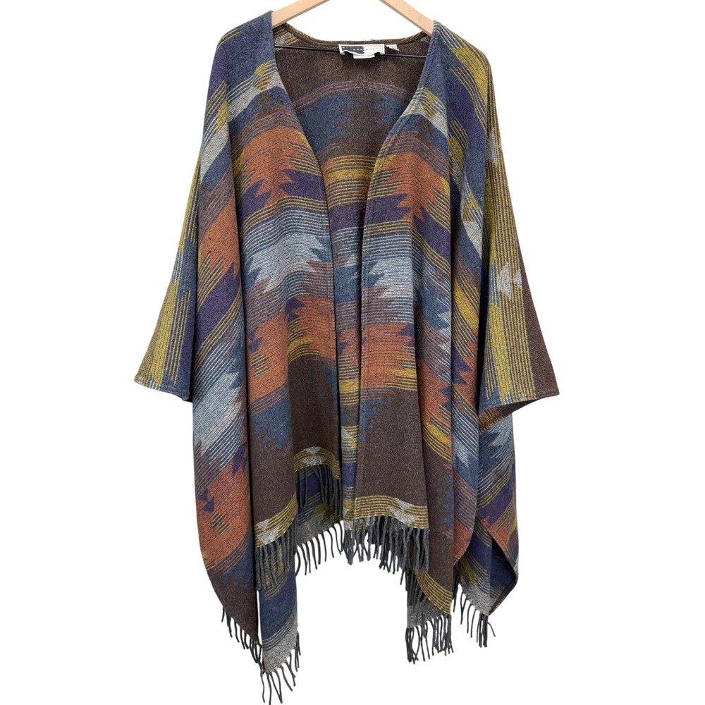 VTG Rhonda Stark Southwestern Wool Blend Fringe Poncho Multi Made in USA Aztec